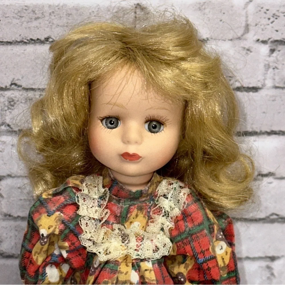 Christmas Tree Topper Porcelain Doll 12 in Blonde Hair Plaid Teddy Bear Dress